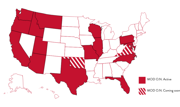 Map of the US, with states shaded where our MOD O.N. Network is active or coming soon.